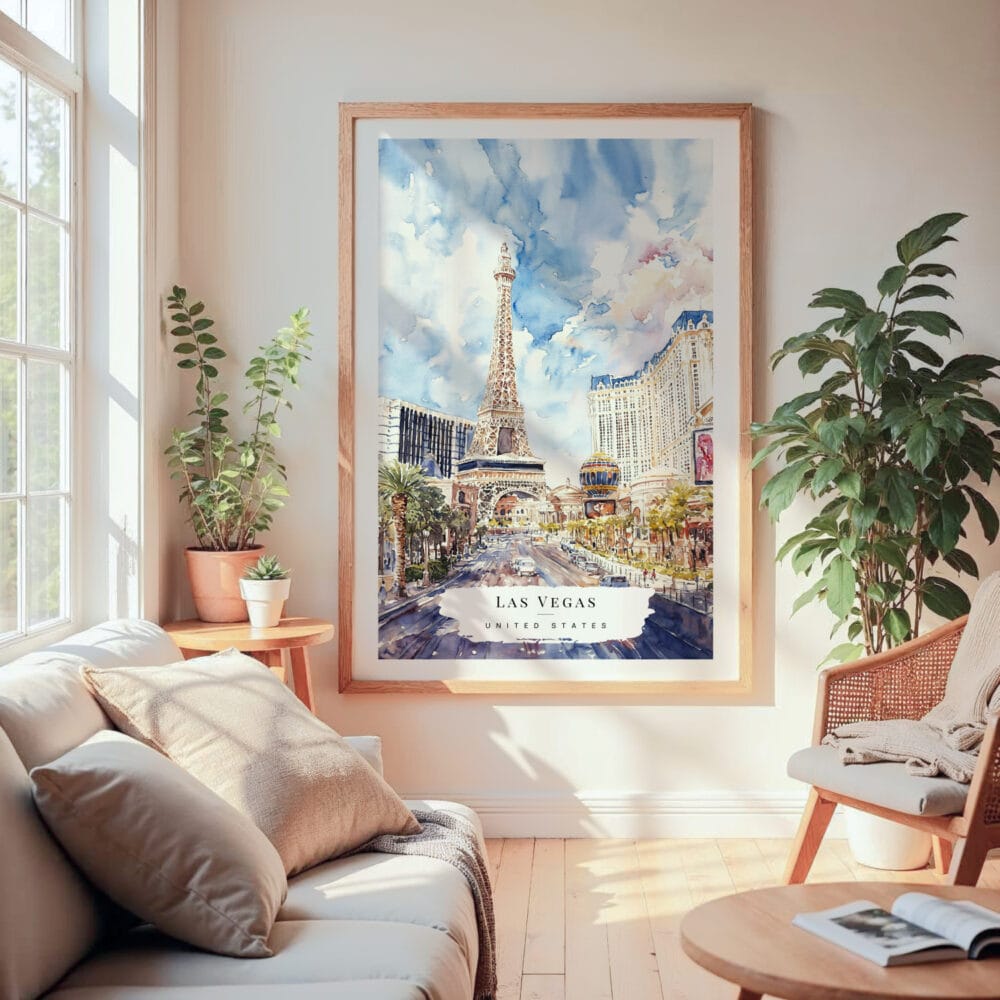 Large Framed Las Vegas Nevada Watercolor Wall Art - Cozy Living Room - Portrait Large Framed Las Vegas Nevada Watercolor Wall Art - Cozy Living Room - Portrait
