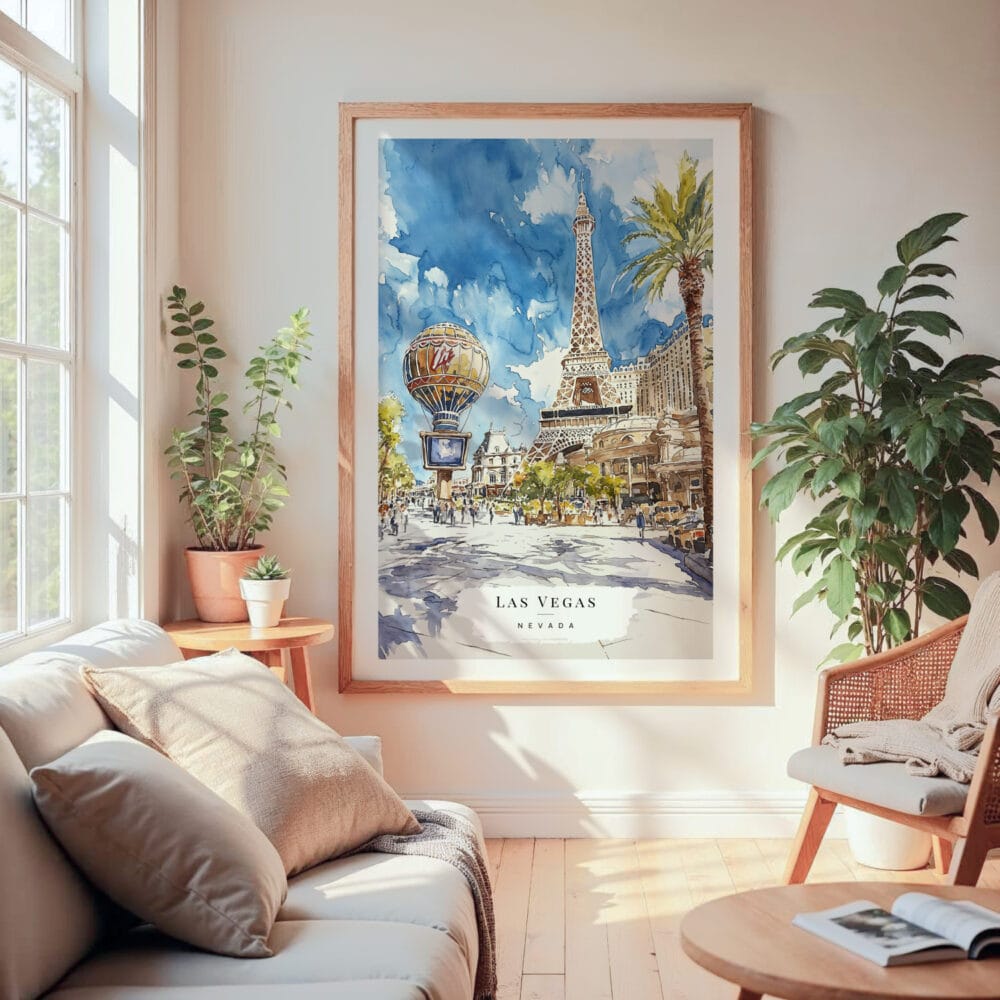 Large Framed Las Vegas Watercolor Wall Art - Cozy Living Room - Portrait Large Framed Las Vegas Watercolor Wall Art - Cozy Living Room - Portrait