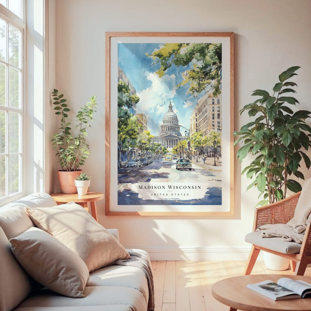 Large Framed Madison Wisconsin Capital Building Watercolor Wall Art - Cozy Living Room - Portrait Large Framed Madison Wisconsin Capital Building Watercolor Wall Art - Cozy Living Room - Portrait