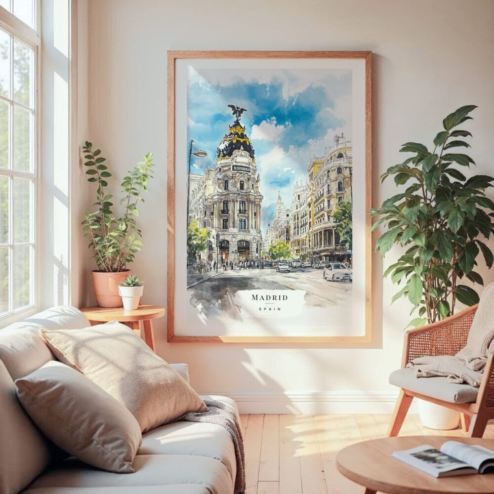 Large Framed Madrid Watercolor Wall Art - Cozy Living Room - Portrait Large Framed Madrid Watercolor Wall Art - Cozy Living Room - Portrait