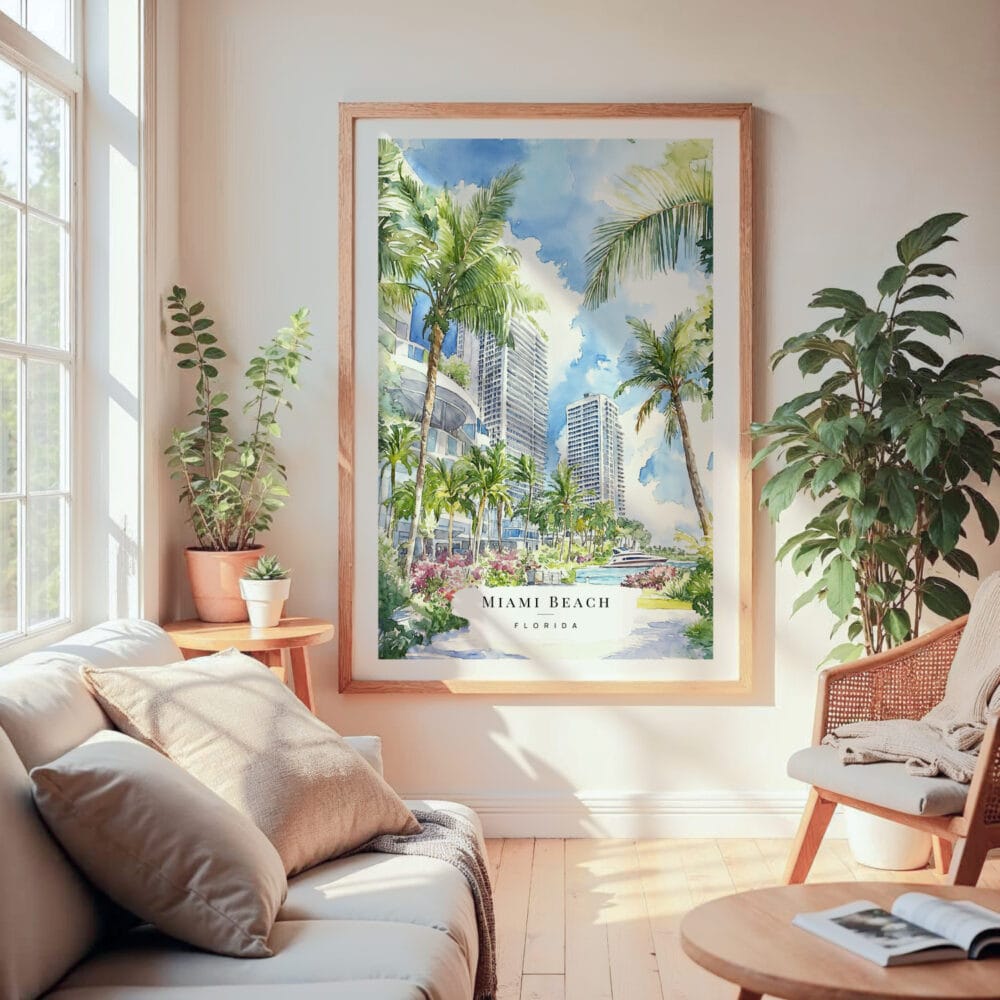 Large Framed Miami Beach Watercolor Wall Art - Cozy Living Room - Portrait Large Framed Miami Beach Watercolor Wall Art - Cozy Living Room - Portrait