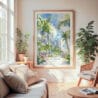 Large Framed Miami Beach Watercolor Wall Art - Cozy Living Room - Portrait