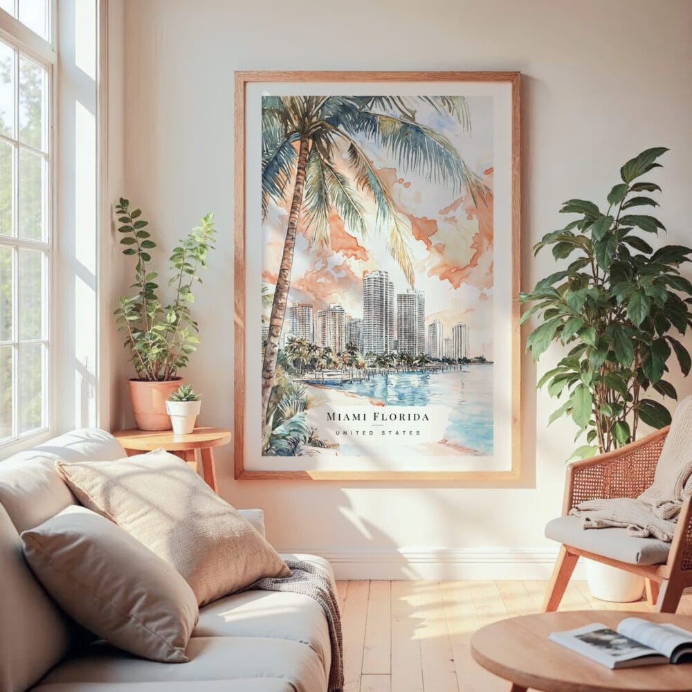 Large Framed Miami Florida Sunset Watercolor Wall Art - Cozy Living Room - Portrait Large Framed Miami Florida Sunset Watercolor Wall Art - Cozy Living Room - Portrait