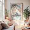 Large Framed Miami Florida Sunset Watercolor Wall Art - Cozy Living Room - Portrait