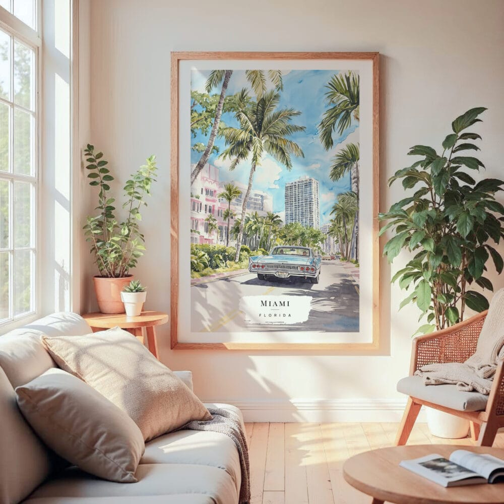 Large Framed Miami Watercolor Painting Wall Art - Cozy Living Room - Portrait Large Framed Miami Watercolor Painting Wall Art - Cozy Living Room - Portrait