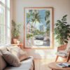 Large Framed Miami Watercolor Painting Wall Art - Cozy Living Room - Portrait