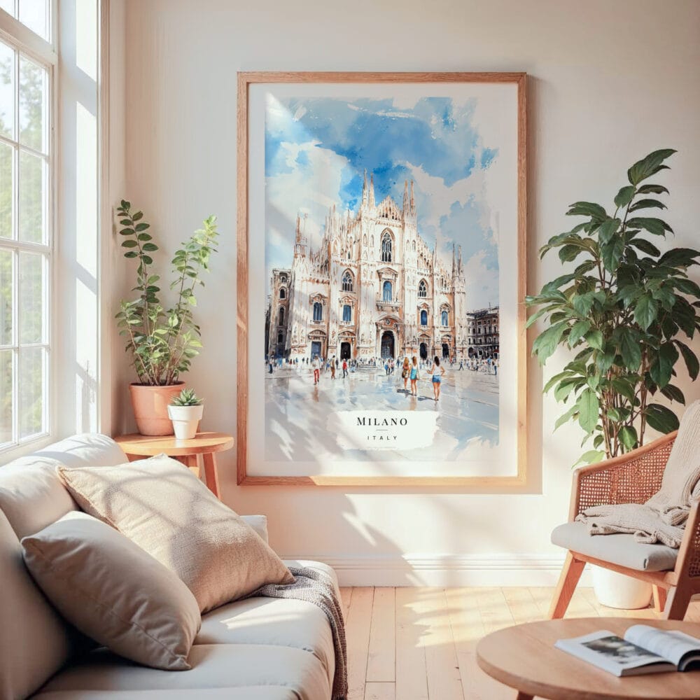 Large Framed Milano Italy Watercolor Wall Art - Cozy Living Room - Portrait Large Framed Milano Italy Watercolor Wall Art - Cozy Living Room - Portrait