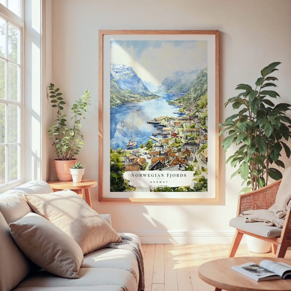 Large Framed Norwegian Fjords Watercolor Wall Art - Cozy Living Room - Portrait Large Framed Norwegian Fjords Watercolor Wall Art - Cozy Living Room - Portrait