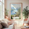 Large Framed Norwegian Fjords Watercolor Wall Art - Cozy Living Room - Portrait