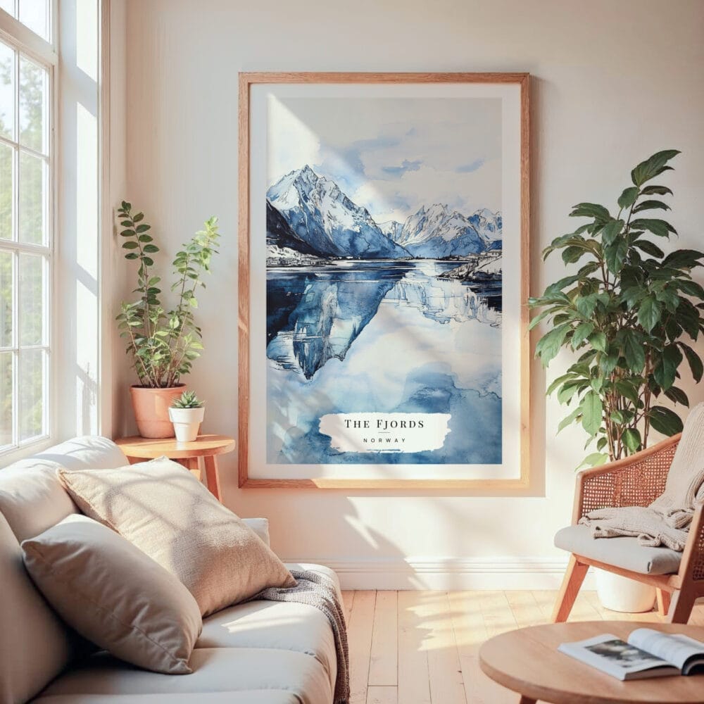 Large Framed Norwegian Fjords in Winter Watercolor Wall Art - Cozy Living Room - Portrait Large Framed Norwegian Fjords in Winter Watercolor Wall Art - Cozy Living Room - Portrait