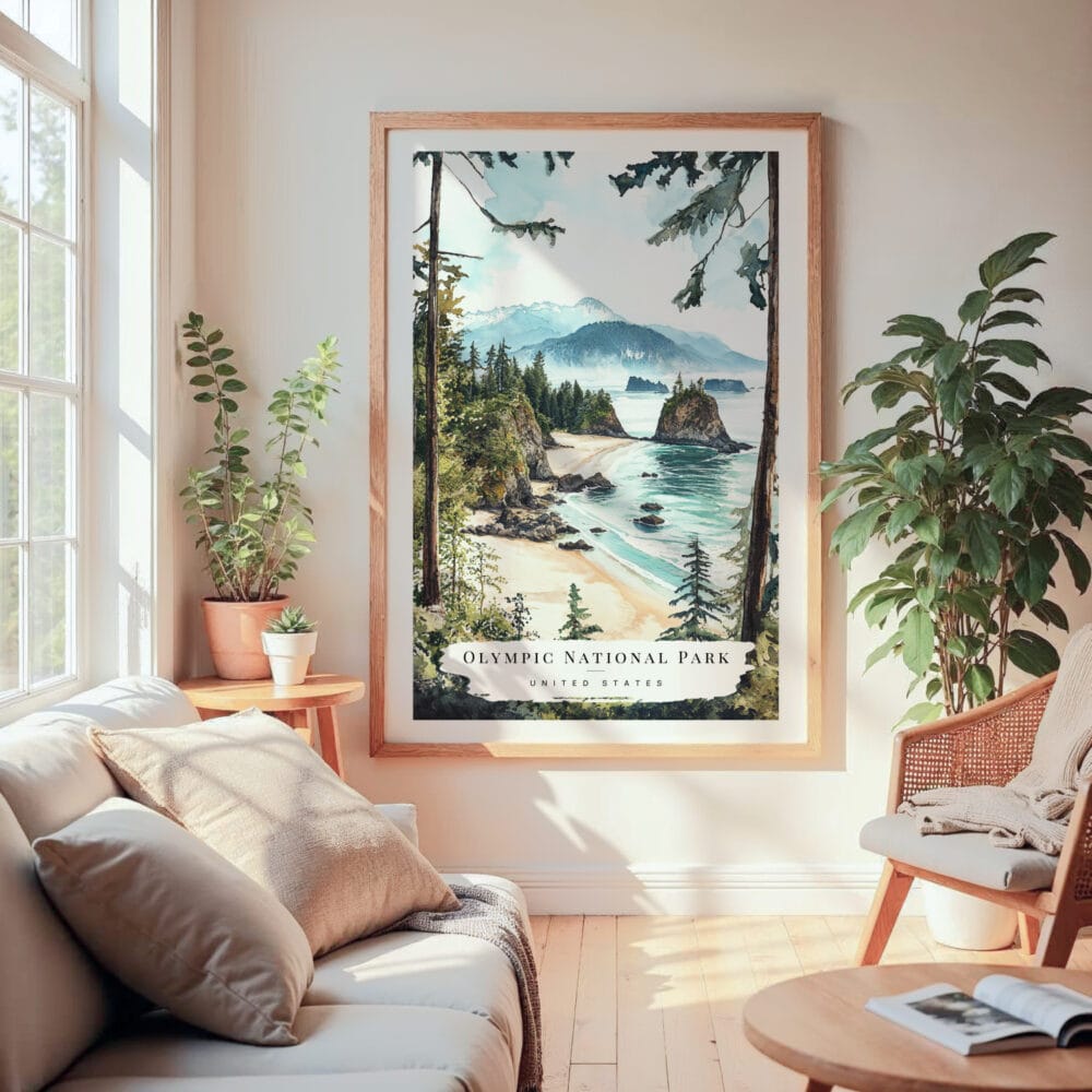 Large Framed Olympic National Park Watercolor Wall Art - Cozy Living Room - Portrait Large Framed Olympic National Park Watercolor Wall Art - Cozy Living Room - Portrait