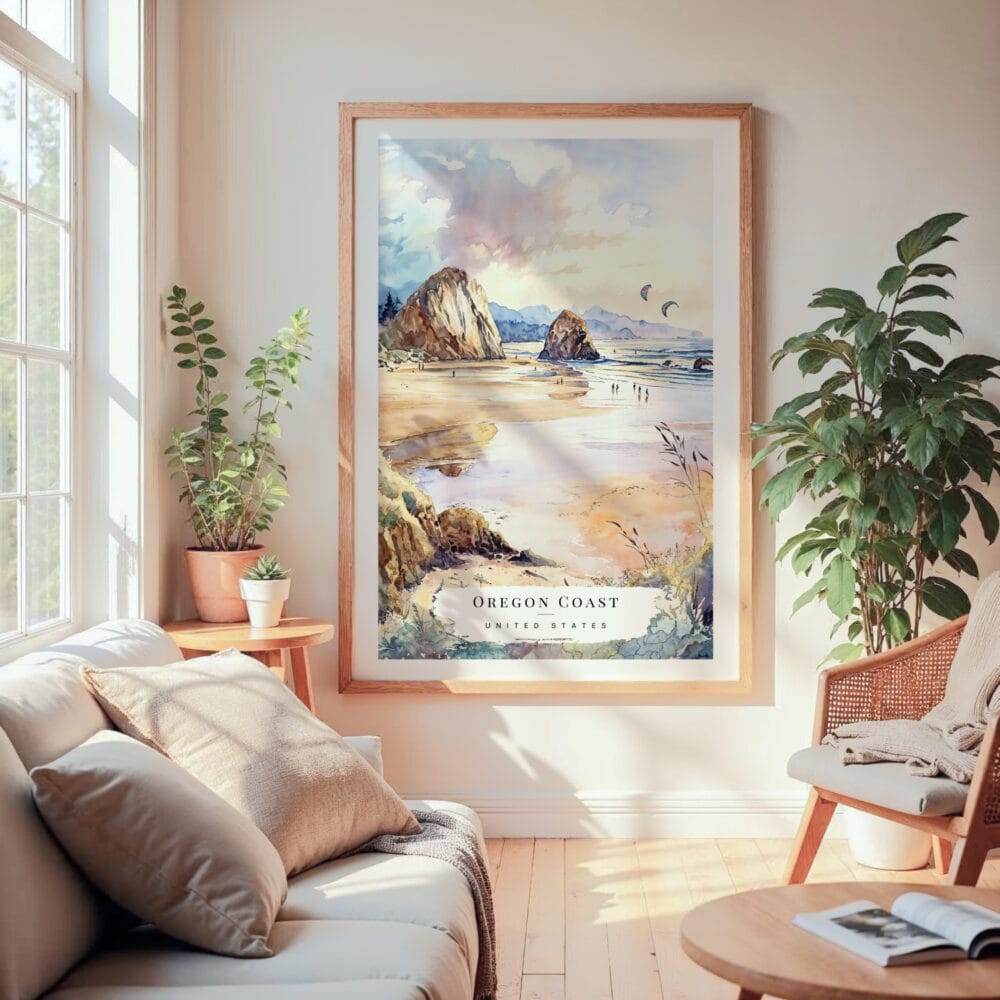 Large Framed Oregon Coast Watercolor Wall Art - Cozy Living Room - Portrait Large Framed Oregon Coast Watercolor Wall Art - Cozy Living Room - Portrait