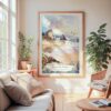 Large Framed Oregon Coast Watercolor Wall Art - Cozy Living Room - Portrait