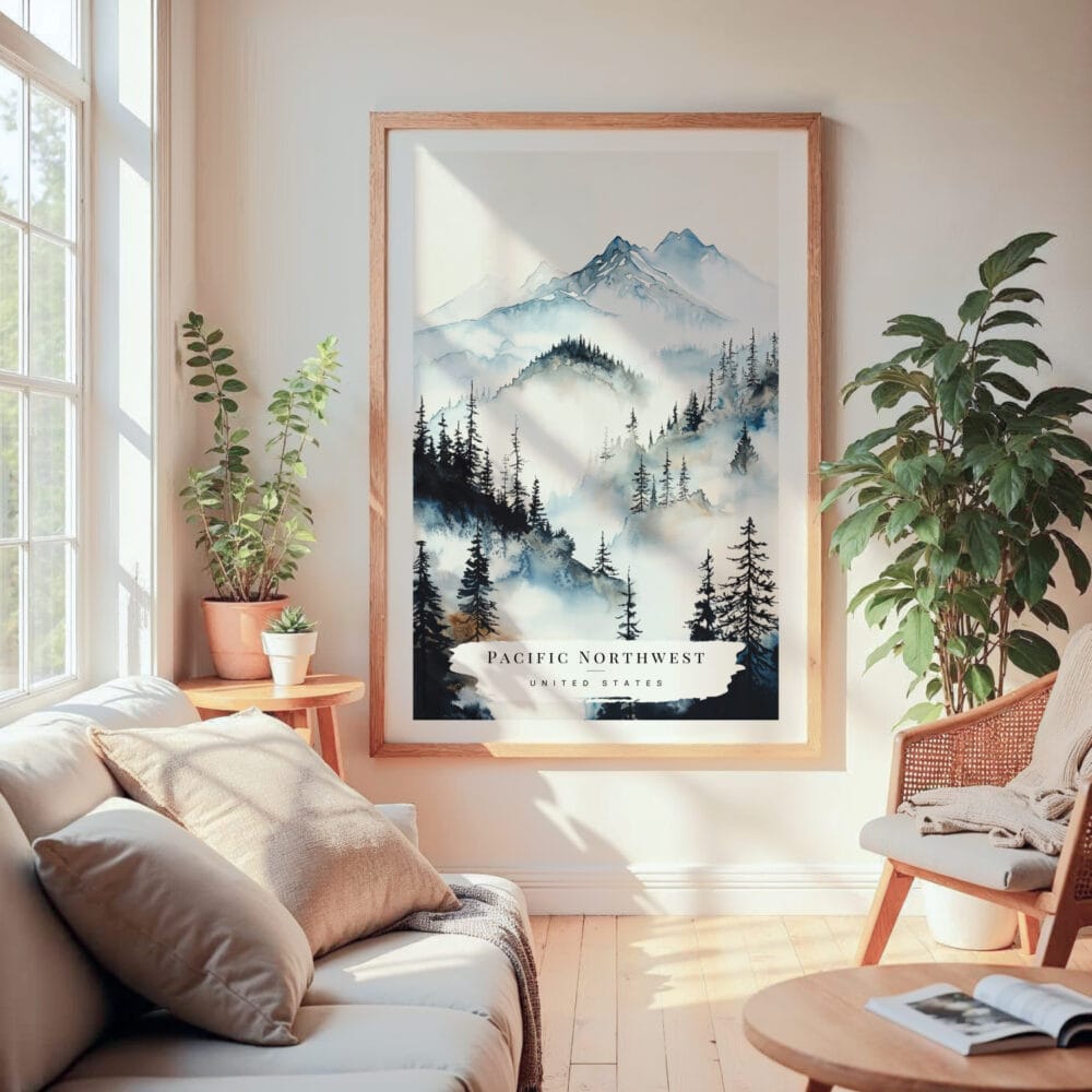 Large Framed Pacific Northwest Watercolor Wall Art - Cozy Living Room - Portrait Large Framed Pacific Northwest Watercolor Wall Art - Cozy Living Room - Portrait