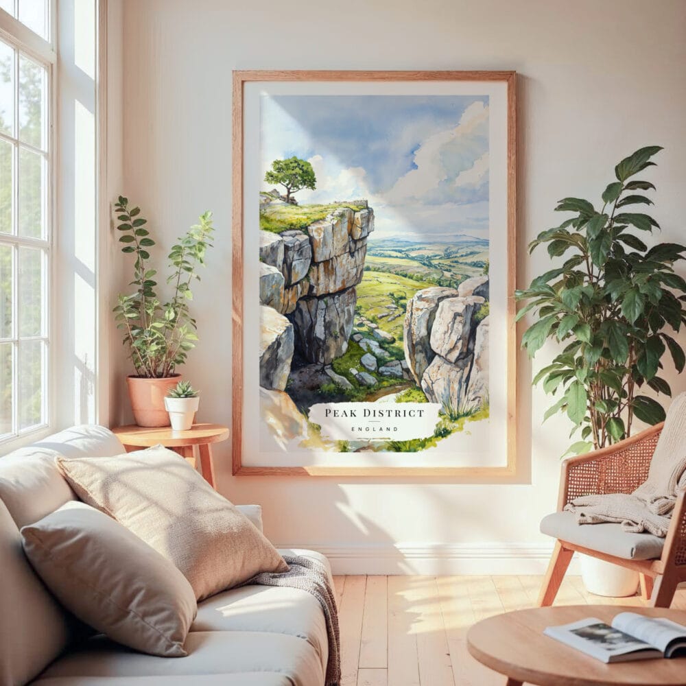 Large Framed Peak District England Watercolor Wall Art - Cozy Living Room - Portrait Large Framed Peak District England Watercolor Wall Art - Cozy Living Room - Portrait