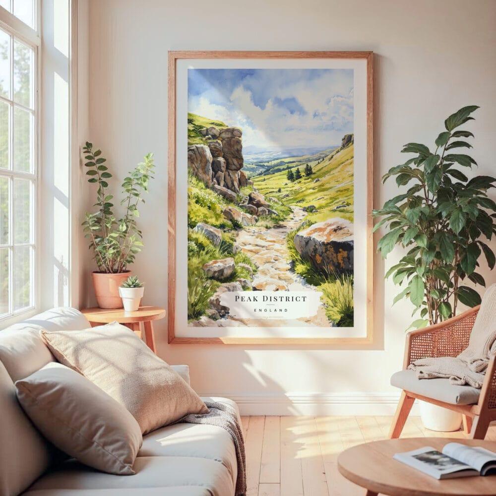 Large Framed Peak District Watercolor Wall Art - Cozy Living Room - Portrait Large Framed Peak District Watercolor Wall Art - Cozy Living Room - Portrait