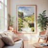 Large Framed Peak District Watercolor Wall Art - Cozy Living Room - Portrait