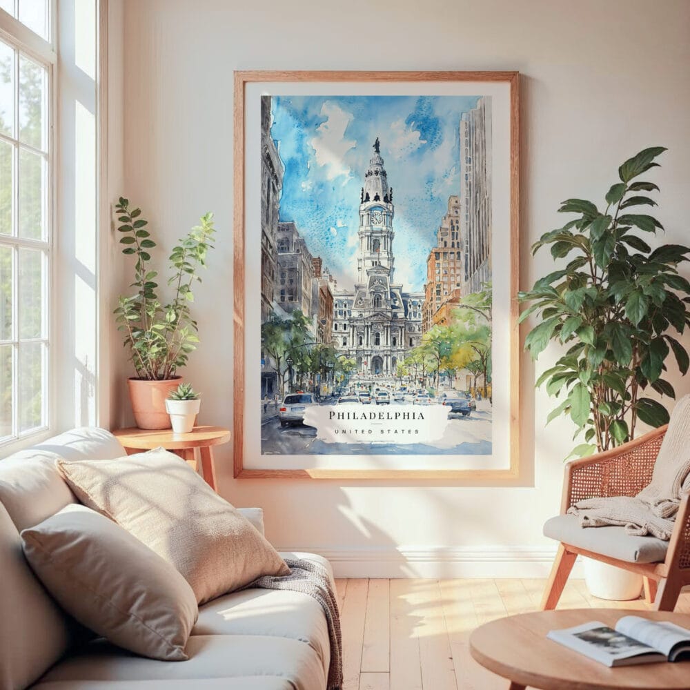 Large Framed Philadelphia City Hall Watercolor Wall Art - Cozy Living Room - Portrait Large Framed Philadelphia City Hall Watercolor Wall Art - Cozy Living Room - Portrait