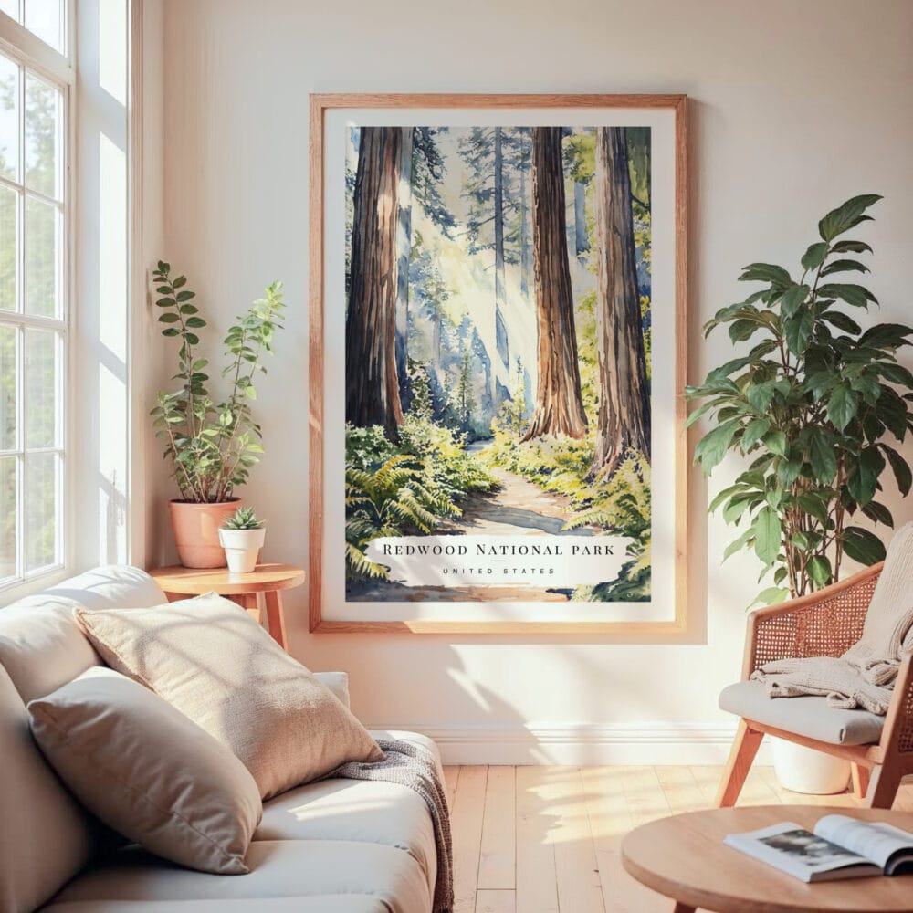 Large Framed Redwood National Park Watercolor Wall Art - Cozy Living Room - Portrait Large Framed Redwood National Park Watercolor Wall Art - Cozy Living Room - Portrait