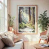 Large Framed Redwood National Park Watercolor Wall Art - Cozy Living Room - Portrait