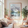 Large Framed Rocky Mountains Valleys Of the Ten Peaks Watercolor Wall Art - Cozy Living Room - Portrait