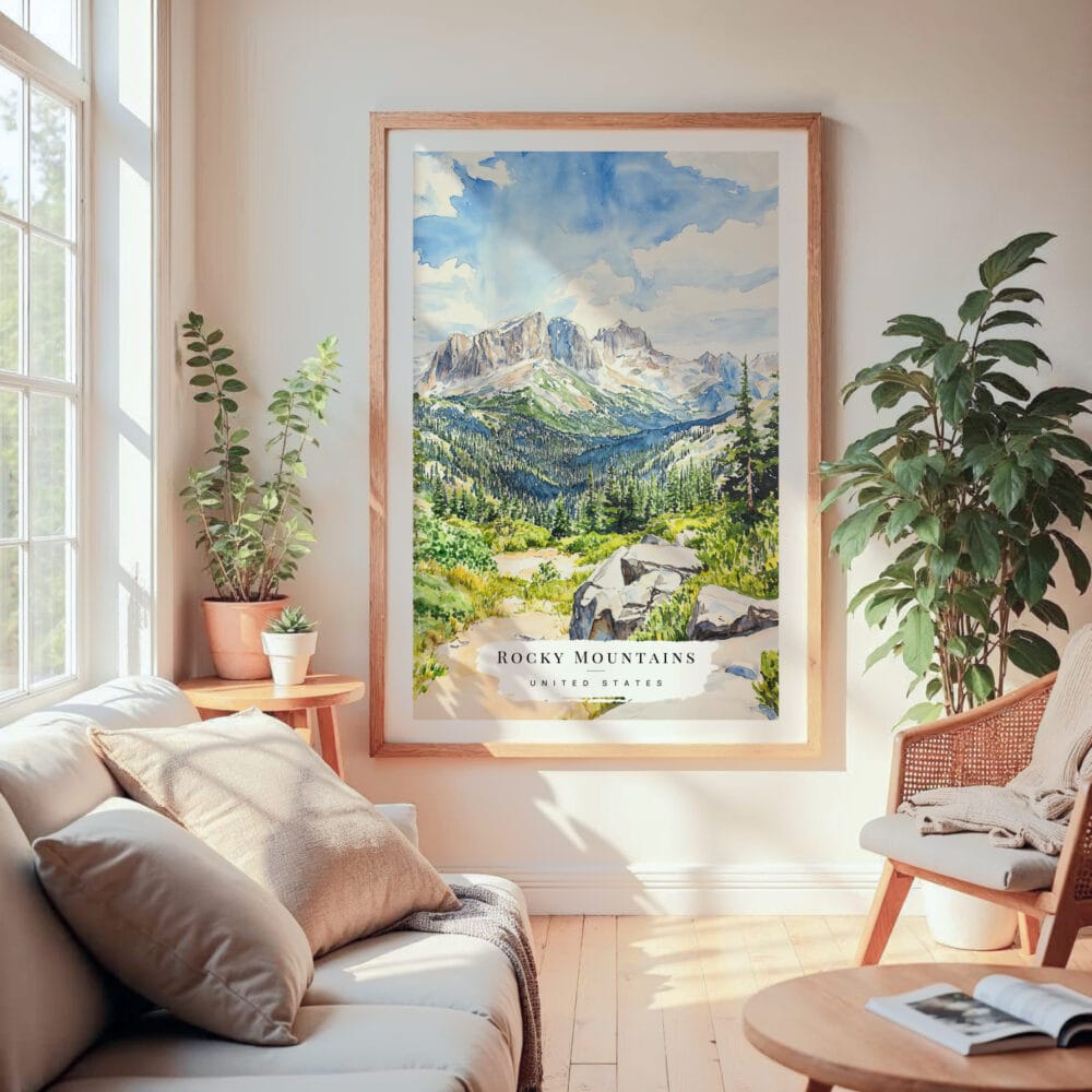 Large Framed Rocky Mountains Watercolor Wall Art - Cozy Living Room - Portrait Large Framed Rocky Mountains Watercolor Wall Art - Cozy Living Room - Portrait