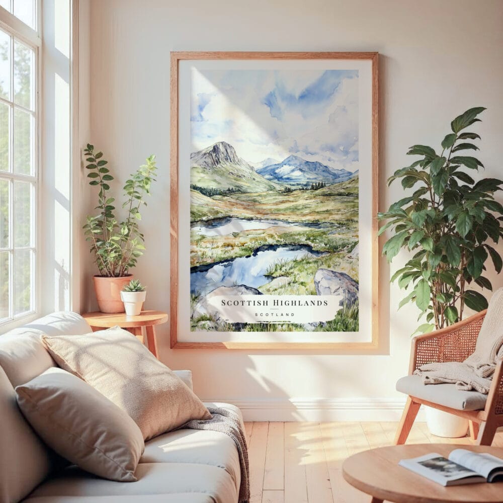 Large Framed Scottish Highlands Watercolor Wall Art - Cozy Living Room - Portrait Large Framed Scottish Highlands Watercolor Wall Art - Cozy Living Room - Portrait