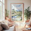 Large Framed Scottish Highlands Watercolor Wall Art - Cozy Living Room - Portrait