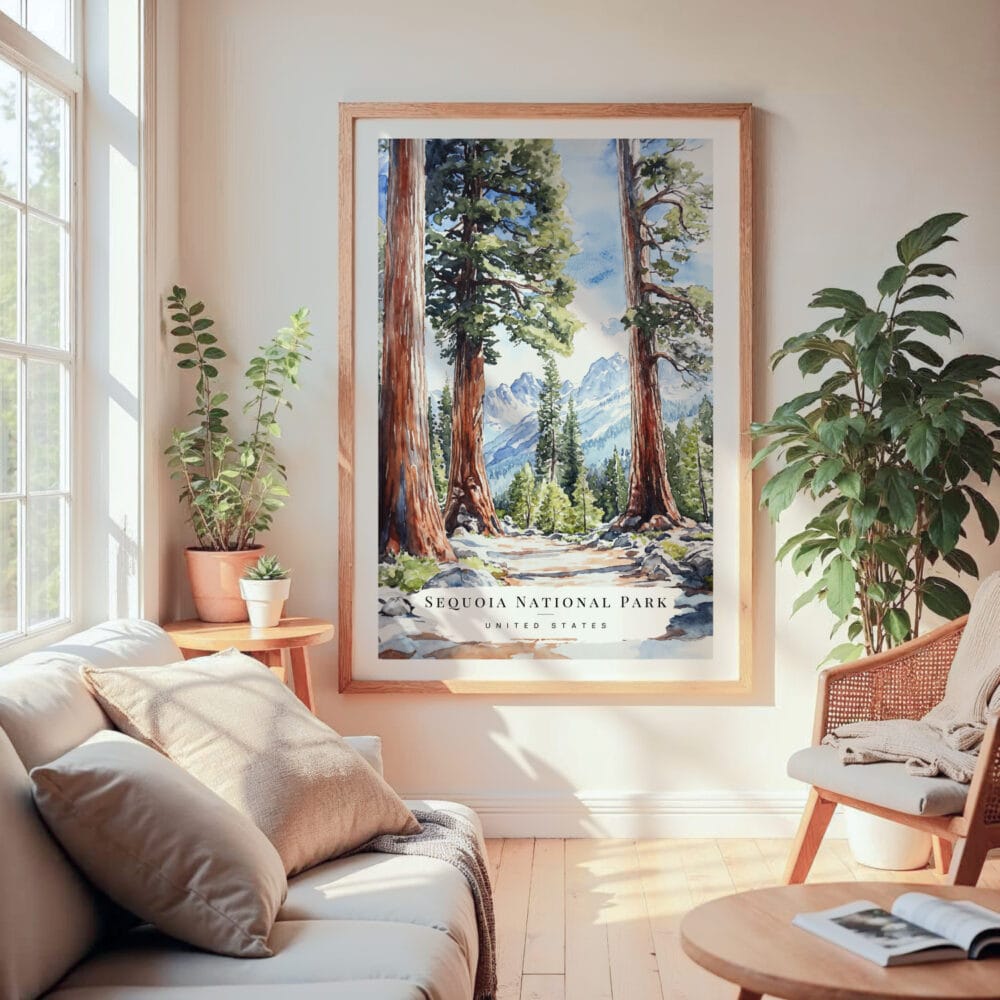 Large Framed Sequoia California Watercolor Wall Art - Cozy Living Room - Portrait Large Framed Sequoia California Watercolor Wall Art - Cozy Living Room - Portrait