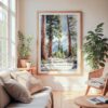 Large Framed Sequoia California Watercolor Wall Art - Cozy Living Room - Portrait