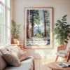 Large Framed Sequoia California Watercolor Wall Art - Cozy Living Room - Portrait