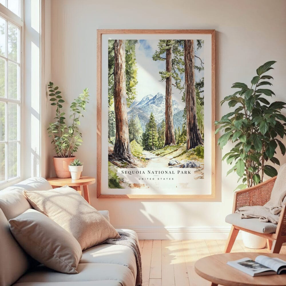 Large Framed Sequoia National Park Watercolor Wall Art - Cozy Living Room - Portrait Large Framed Sequoia National Park Watercolor Wall Art - Cozy Living Room - Portrait