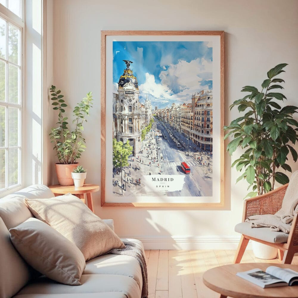 Large Framed Spain Madrid Watercolor Wall Art - Cozy Living Room - Portrait Large Framed Spain Madrid Watercolor Wall Art - Cozy Living Room - Portrait
