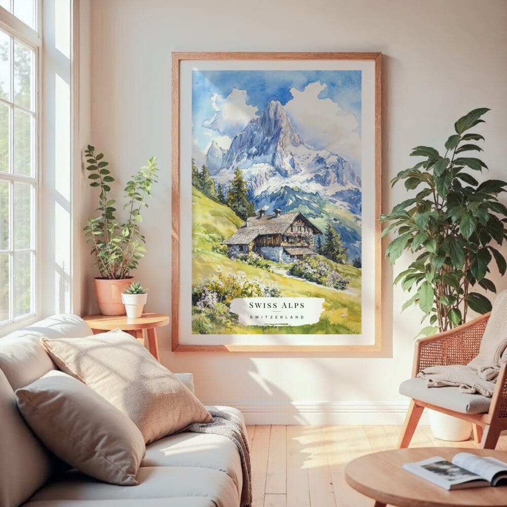 Large Framed Swiss Alps Watercolor Wall Art - Cozy Living Room - Portrait Large Framed Swiss Alps Watercolor Wall Art - Cozy Living Room - Portrait