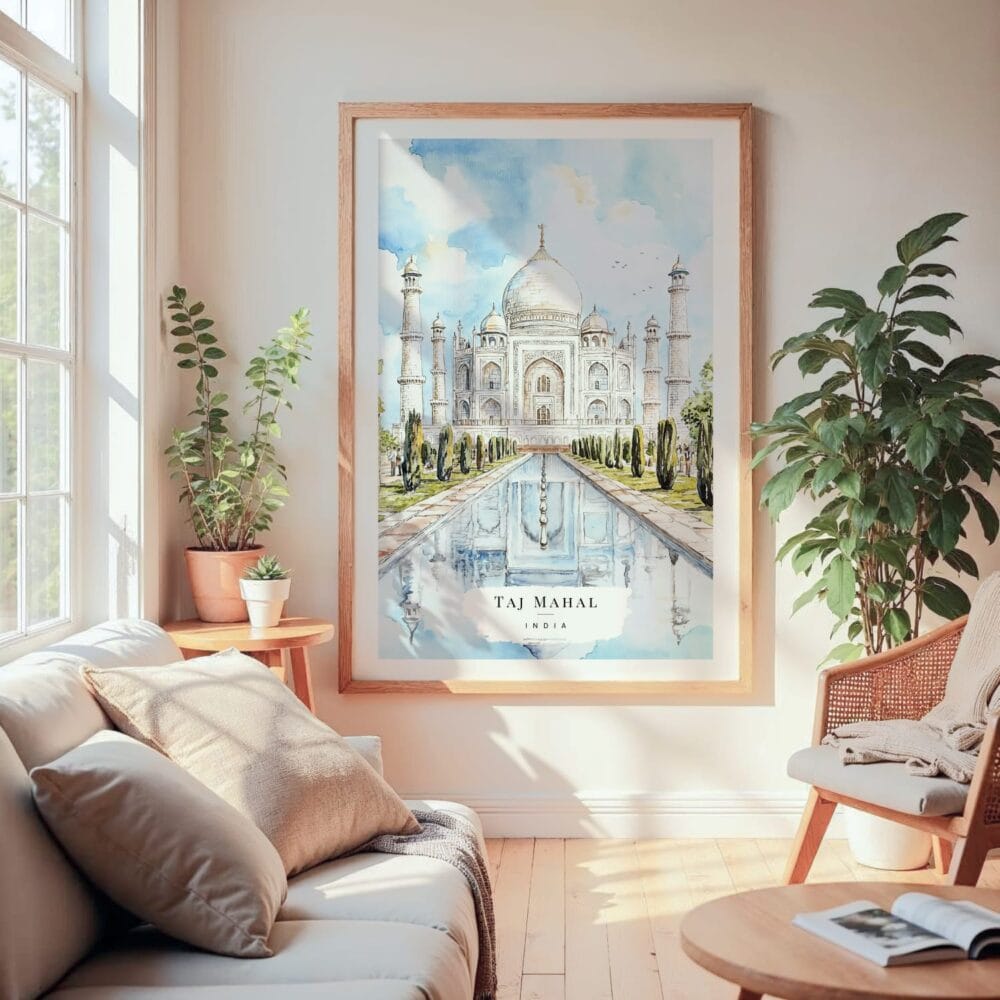 Large Framed Taj Mahal India Watercolor Wall Art - Cozy Living Room - Portrait Large Framed Taj Mahal India Watercolor Wall Art - Cozy Living Room - Portrait