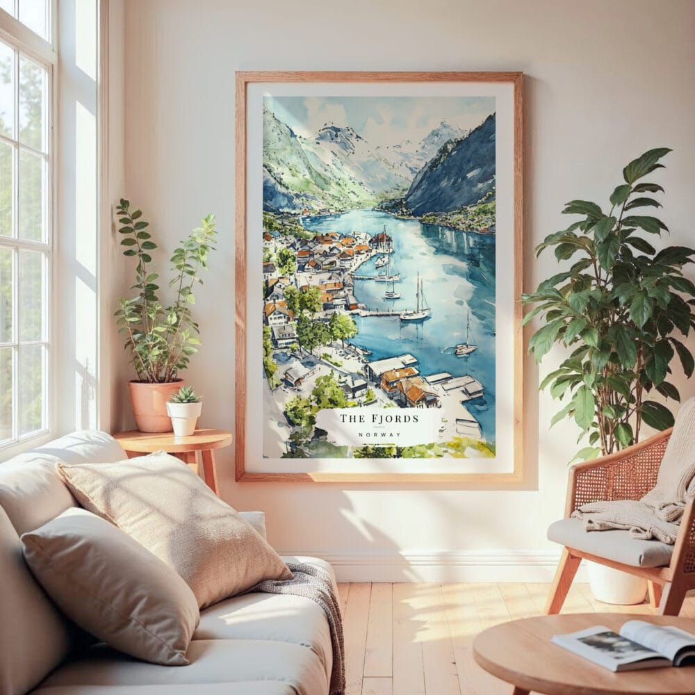 Large Framed The Fjords Watercolor Wall Art - Cozy Living Room - Portrait Large Framed The Fjords Watercolor Wall Art - Cozy Living Room - Portrait