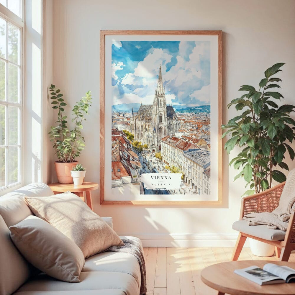 Large Framed Vienna Watercolor Wall Art - Cozy Living Room - Portrait Large Framed Vienna Watercolor Wall Art - Cozy Living Room - Portrait