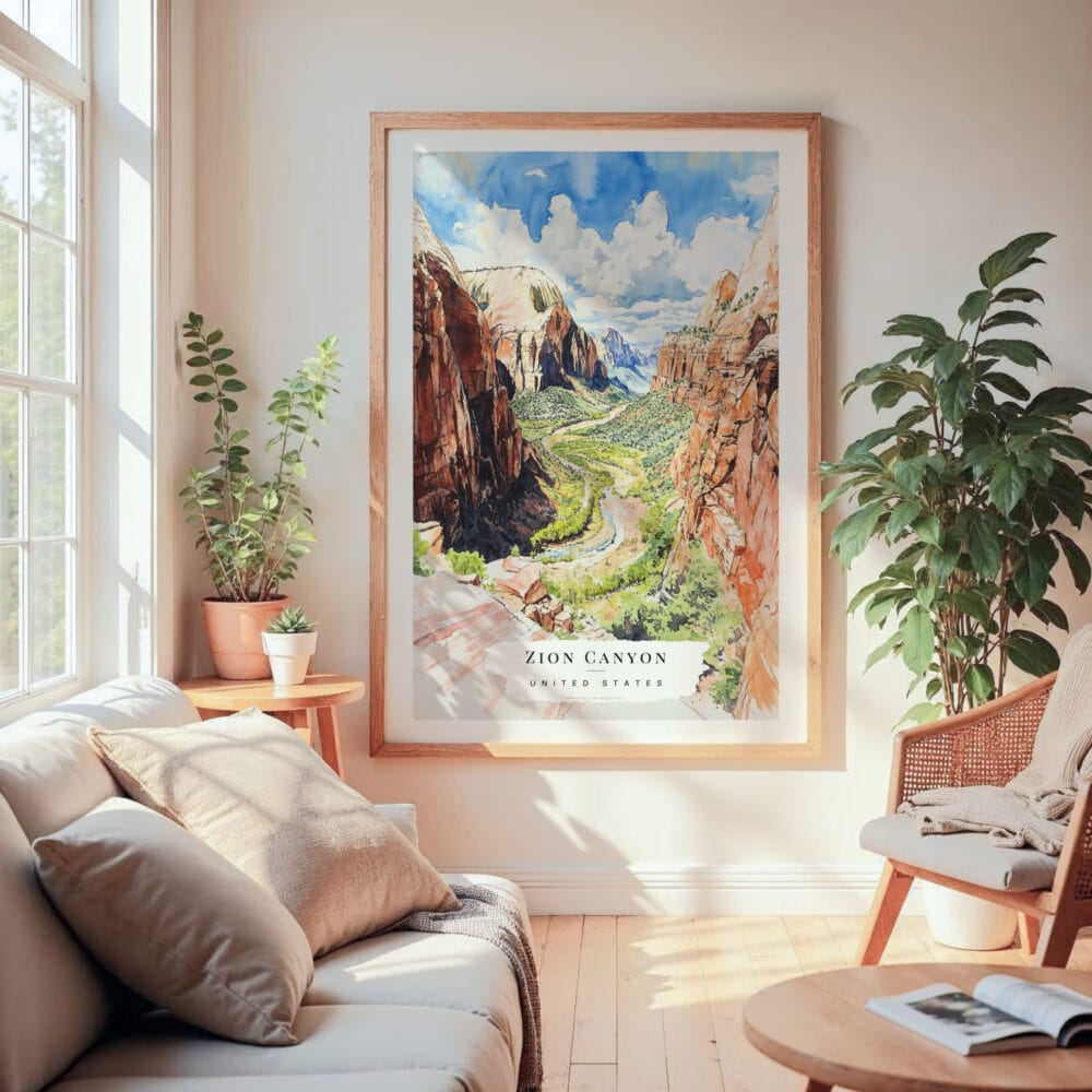 Large Framed Zion Canyon Watercolor Wall Art - Cozy Living Room - Portrait Large Framed Zion Canyon Watercolor Wall Art - Cozy Living Room - Portrait