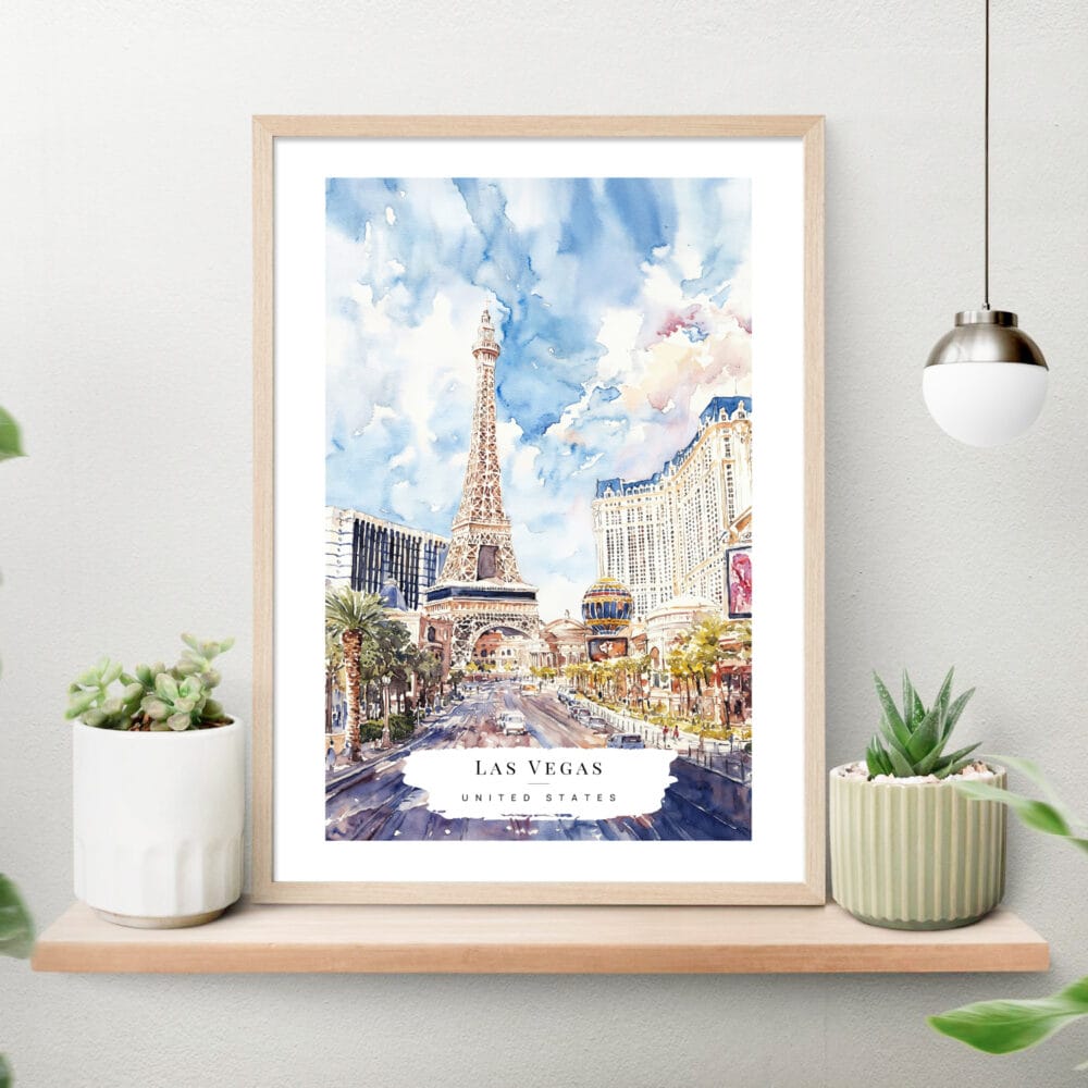Las Vegas Nevada Watercolor Art Print on shelf Las Vegas Nevada Watercolor Art Print on shelf