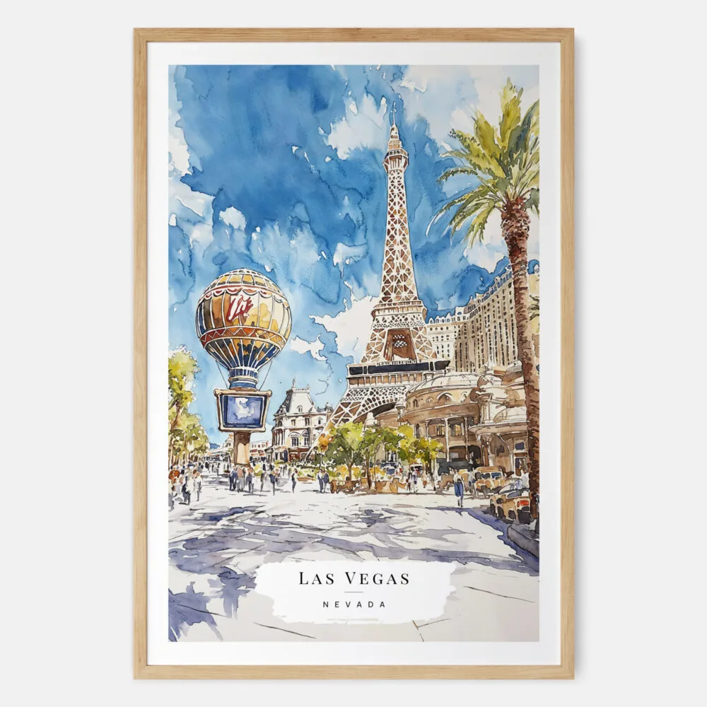 Las Vegas Watercolor Art Print - Main - Wood Frame Las Vegas Watercolor Art Print - Main - Wood Frame
