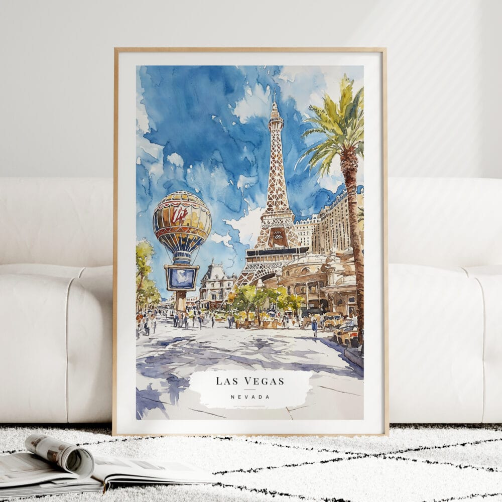 Las Vegas Watercolor Art Print - Wood Frame standing on Floor Las Vegas Watercolor Art Print - Wood Frame standing on Floor