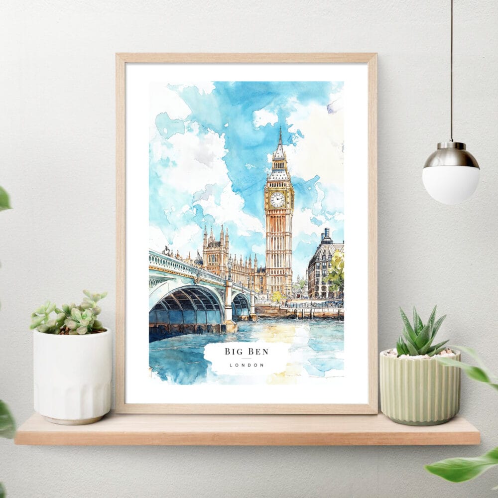 London Big Ben Watercolor Art Print on shelf London Big Ben Watercolor Art Print on shelf