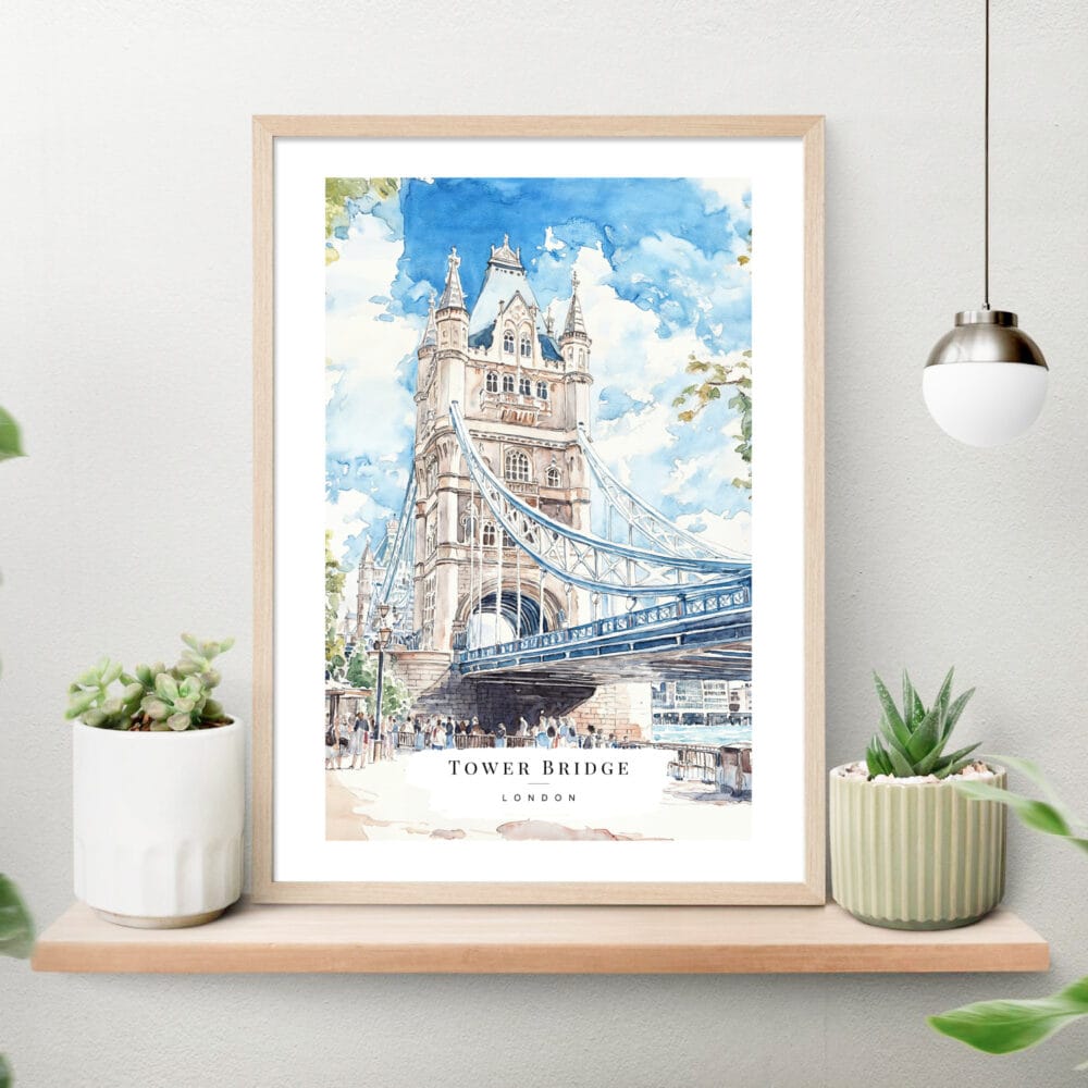 London Tower Bridge Watercolor Art Print on shelf London Tower Bridge Watercolor Art Print on shelf