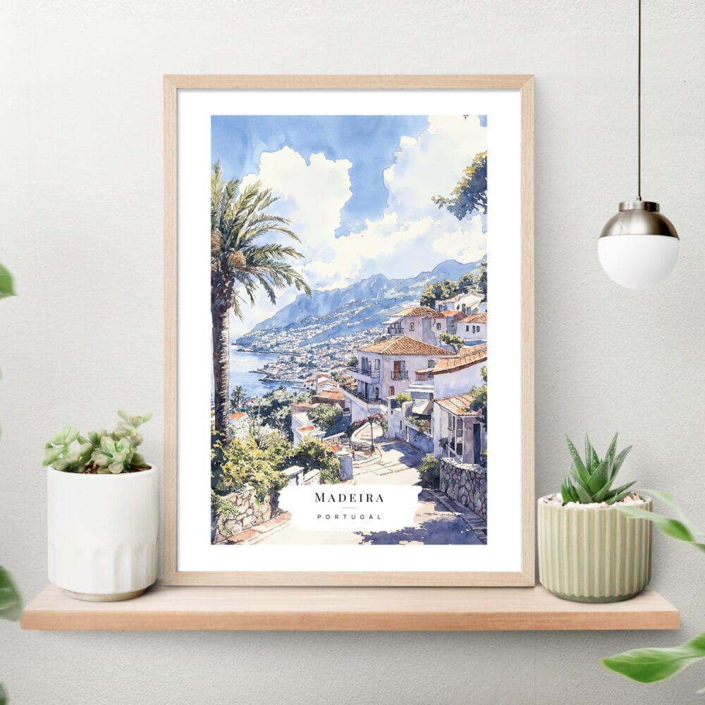 Madeira Portugal Watercolor Art Print on shelf Madeira Portugal Watercolor Art Print on shelf