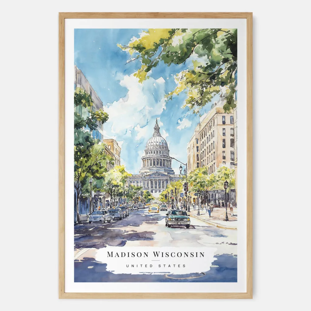 Madison Wisconsin Capital Building Watercolor Art Print - Main - Wood Frame
