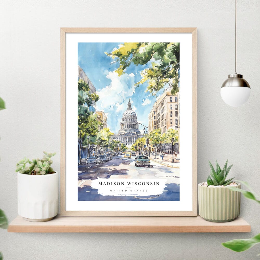 Madison Wisconsin Capital Building Watercolor Art Print on shelf Madison Wisconsin Capital Building Watercolor Art Print on shelf