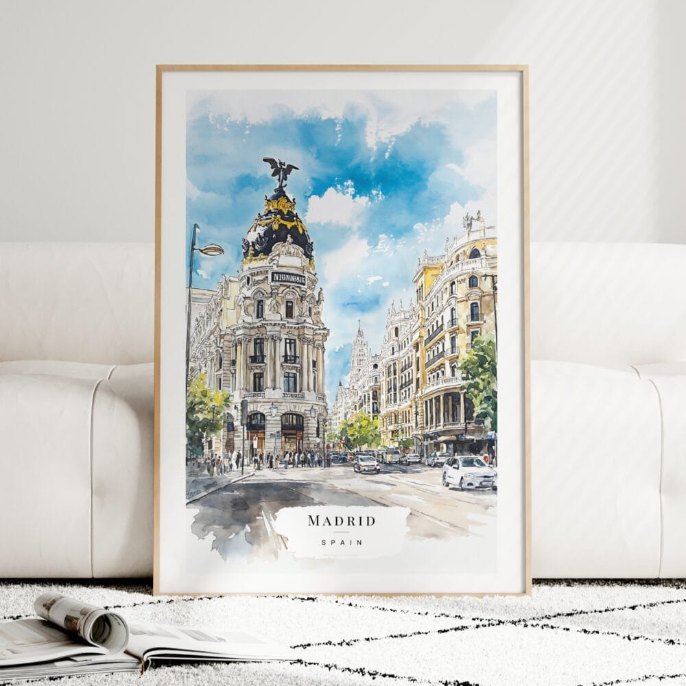 Madrid Watercolor Art Print - Wood Frame standing on Floor Madrid Watercolor Art Print - Wood Frame standing on Floor