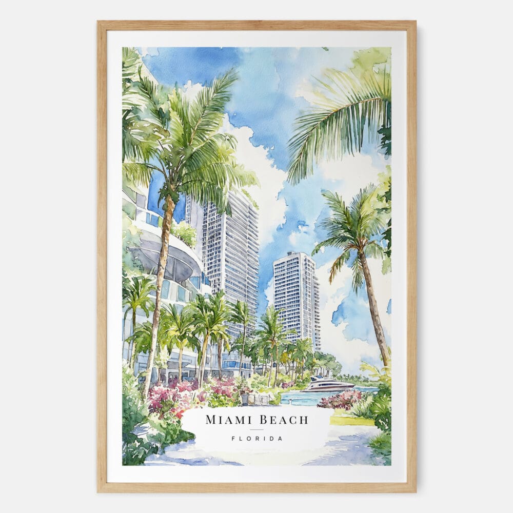 Miami Beach Watercolor Art Print - Main - Wood Frame