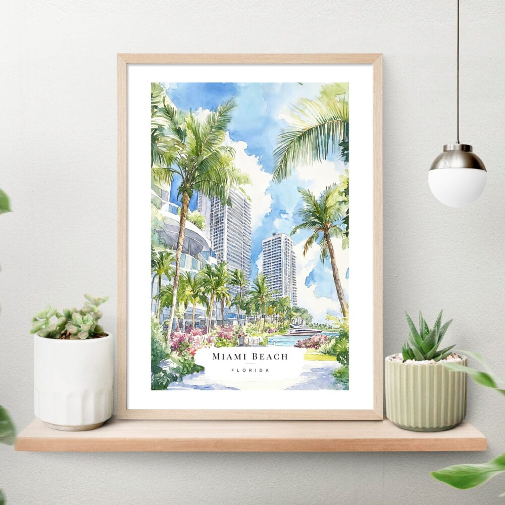 Miami Beach Watercolor Art Print on shelf Miami Beach Watercolor Art Print on shelf