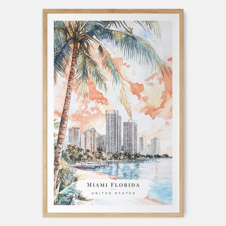 Miami Florida Sunset Watercolor Art Print - Main - Wood Frame